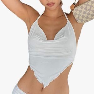 Y2k white triangle ruched crop top halter top